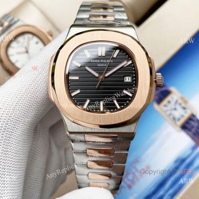 Swiss Quality Patek Philippe Copy Watches Nautilus 8215 Automatic Two Tone Rose Gold Black Dial